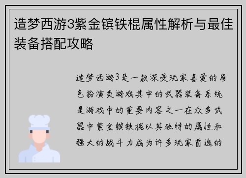 造梦西游3紫金镔铁棍属性解析与最佳装备搭配攻略